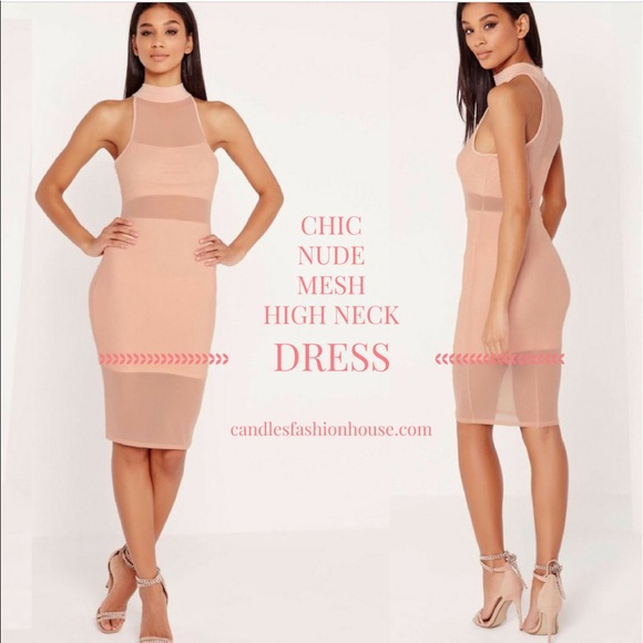 💎Chic Nude Mesh High Neck Dress💎 - Picture 2 of 5